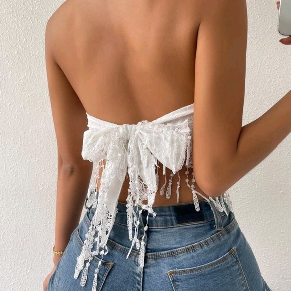 White Lace Fince Hinge Tie Back Crop Top - Picture 5 of 6